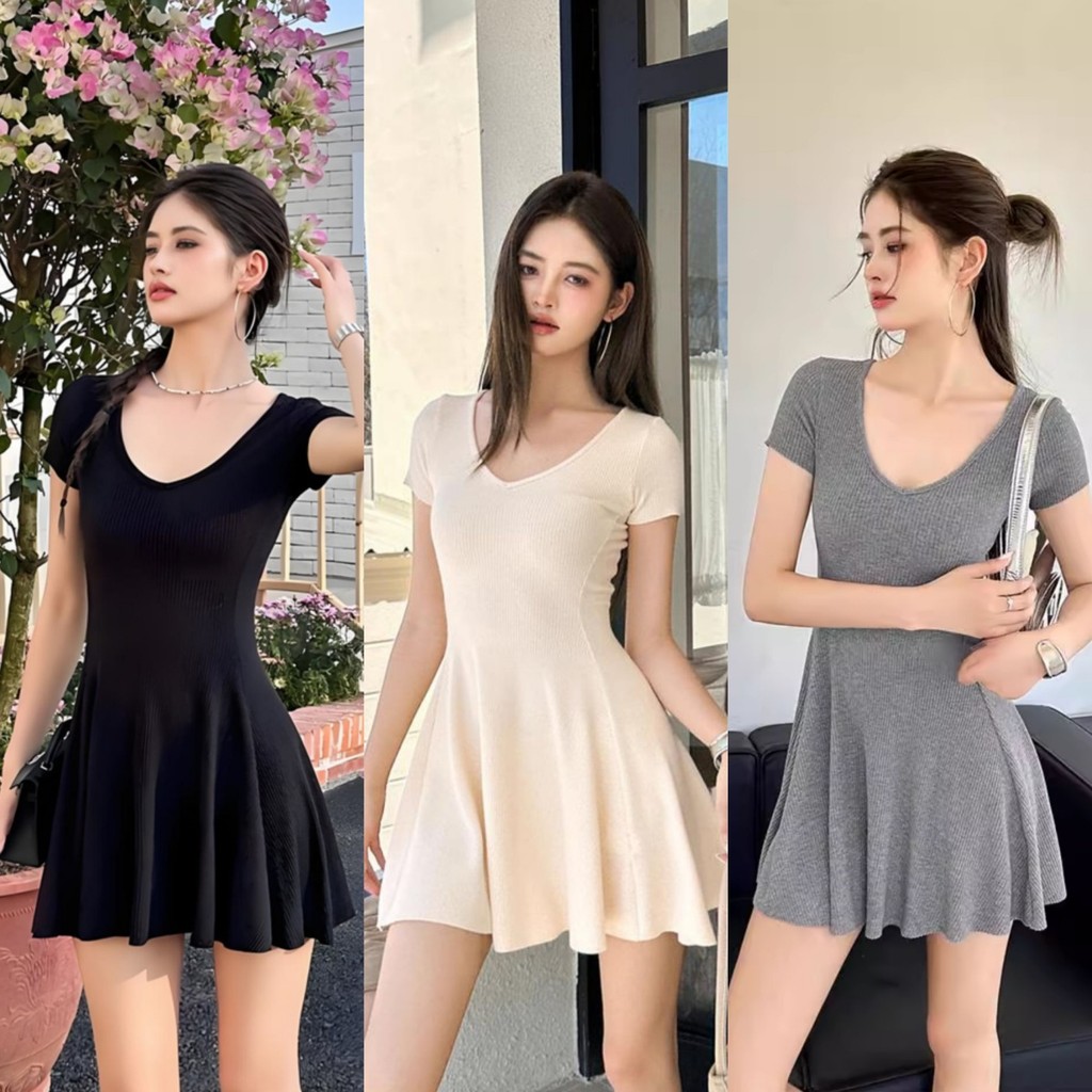 Bella shop ✨ชุดเดรสถัก เดรสเซ๊กซี่👗เนื้อผ้าดีระบายอากาศ ทรงเข้ารูป สไตล์เกาหลีเรียบง่าย แขนสั้นคอกลม