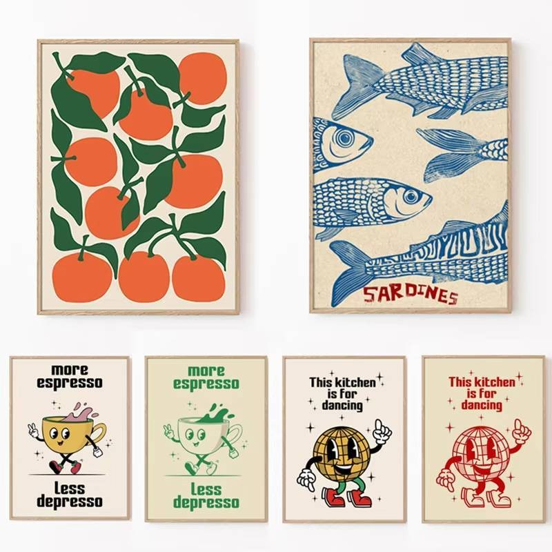 Retro Kitchen Charm: โปสเตอร์กาแฟตัวละครการ์ตูนอาหาร | คําพูดของ Espresso Less Depresso เพิ่มเติมศิลปะผ้าใบ | ตกแต่งผนังวินเทจสําหรับห้องครัว,คาเฟ่และกาแฟคนรัก