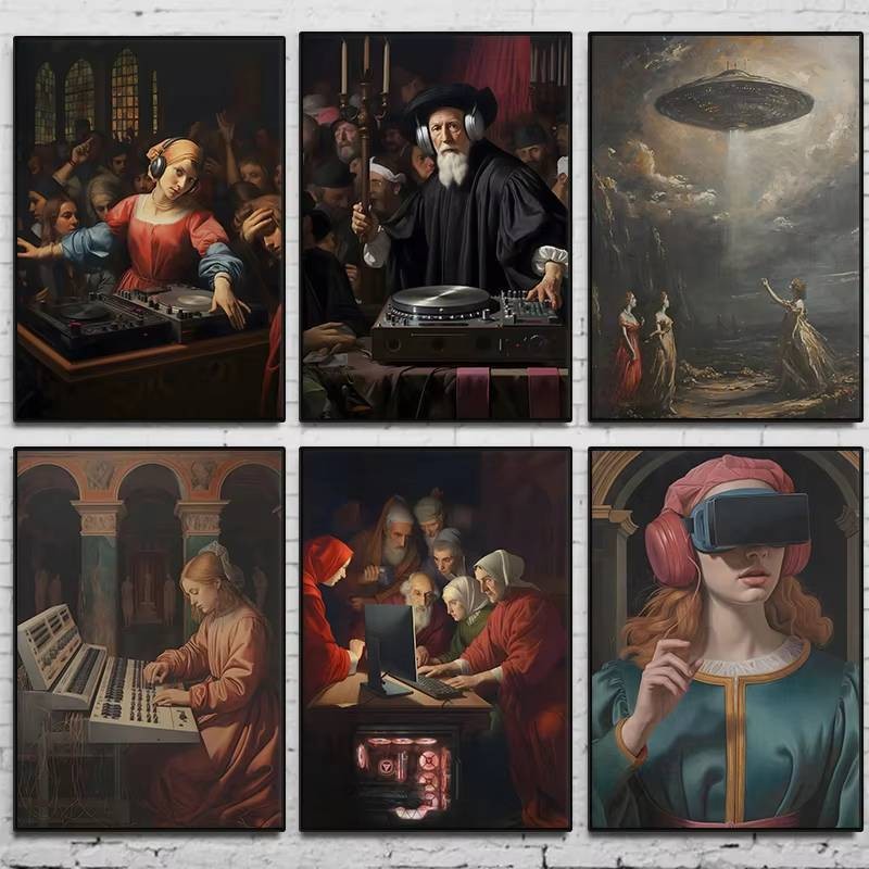 Renaissance ตลก DJ Techno EDM House โปสเตอร์ Retro และ Modern ภาพวาดผ้าใบ Wall Art ภาพสําหรับห้องนั่งเล่นตกแต่งบ้าน