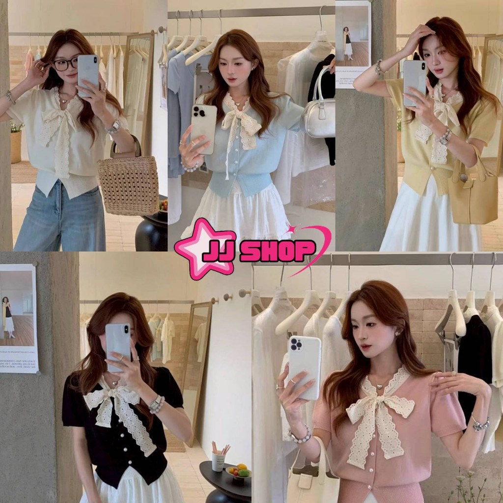JJ Shop​💜พร้อมส่ง เสื้อไหมพรม แขนสั้น สไตล์เกาหลีคอปกแต่งโบว์ สีพาสเทล "W-M099"