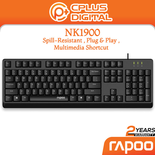 Rapoo NK1900 สายคีย์บอร์ด USB แบบมีสายต้านทานการรั่วไหลสําหรับแล็ปท็อป ทนการรั่วไหล ปุ่มมัลติมีเดียแ