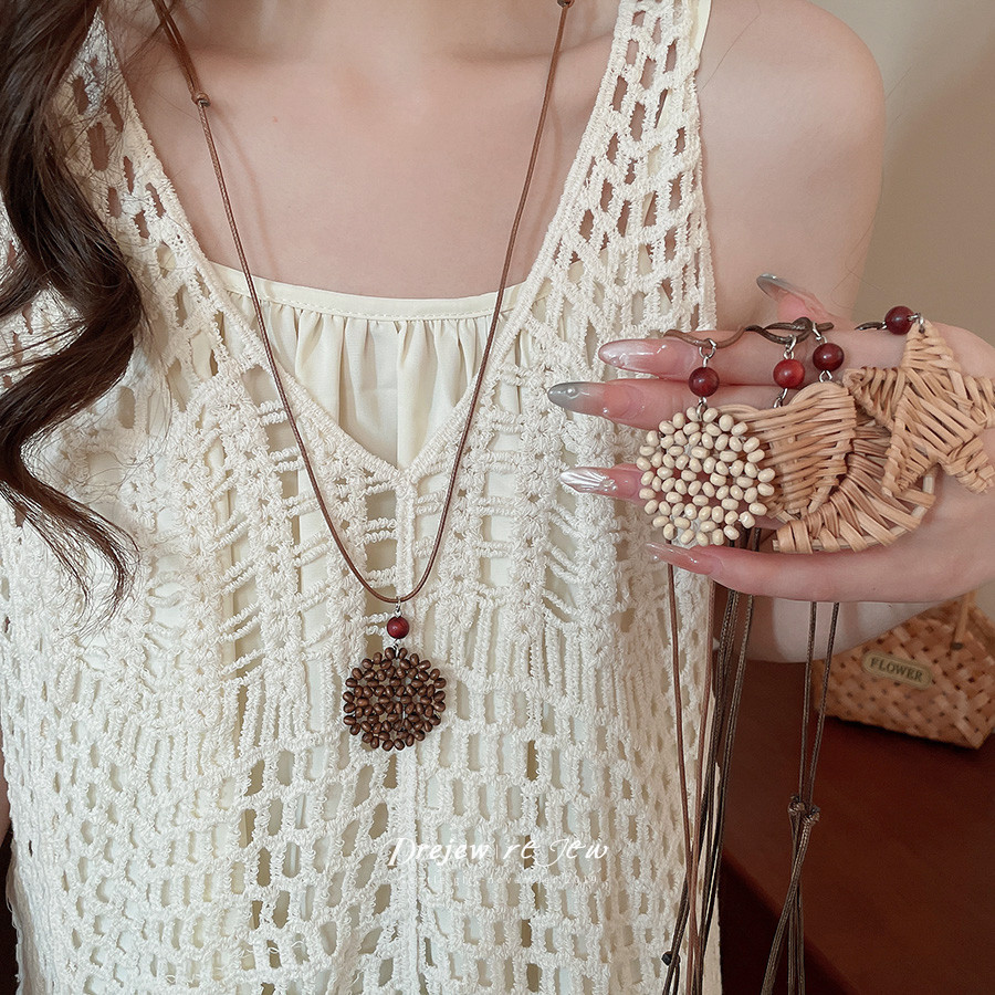 เดรช สไตล์ชาติพันธุ์ลูกปัดไม้รักดาวดวงจันทร์จี้สร้อยคอแฟชั่นสร้อยคอโซ่กระดูกไหปลาร้าผู้หญิง