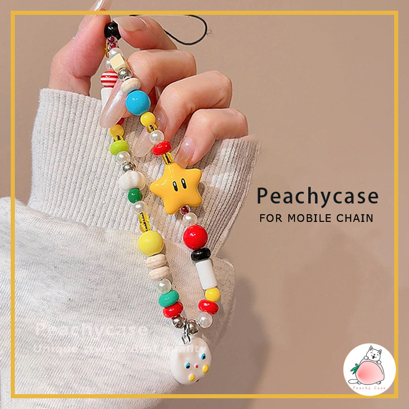ห่วงโซ่โทรศัพท์มือถือดาวลูกปัดที่มีสีสันโทรศัพท์เสน่ห์สายคล้องพวงกุญแจสร้อยข้อมือป้องกันการสูญหายเชือกเส้นเล็กกล้องเสน่ห์
