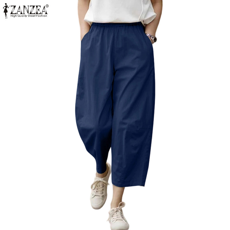 ZANZEA ใส่ ซานเซีย ผู้หญิงสาเหตุเอวสูงยางเอวสีทึบกับกระเป๋ากางเกง