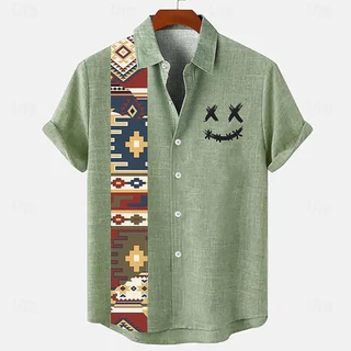 2025วินเทจสไตล์ชาติพันธุ์เสื้อแขนสั้นผู้ชาย3D แบบพิมพ์แขนสั้นด้านบนสไตล์ชาติพันธุ์กลางแจ้งหลวมสบายๆขนาดใหญ่ Boho เสื้อสำหรับผู้ชาย
