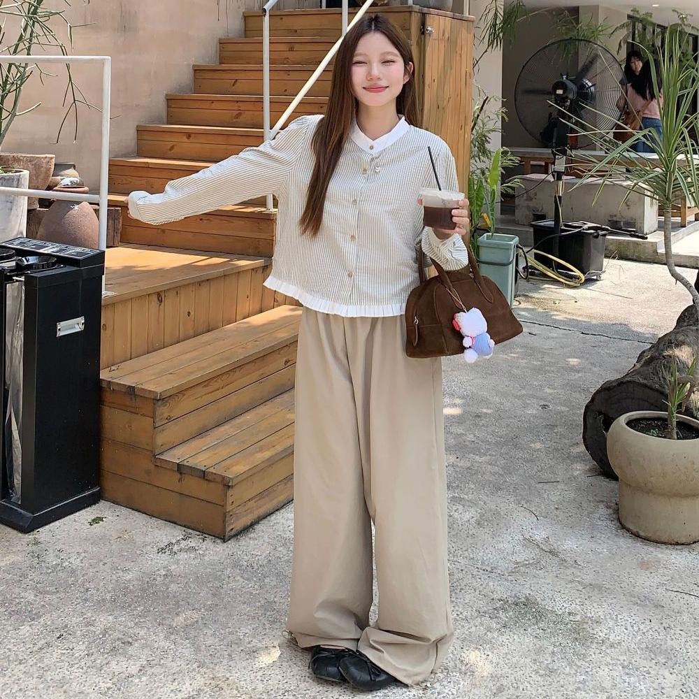 เสื้อเชิ้ตผู้หญิงแขนยาว สีตัดกัน เสื้อเชิ้ตลายทางสไตล์เกาหลี คอกลม ทรงสั้น เสื้อเชิ้ตหวานๆ ใส่ได้หลายโอกาส#W594 - รูปที่ 6