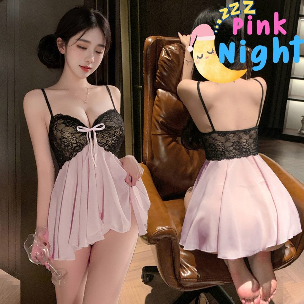 PINK NIGHT ชุดแซบๆ ชุดนอนเดรส ชุดลูกไม้ซีทรู M-5XL นน 40-100Kg เกาะอกลูกไม้ เนื้อผ้าแท้ กระโปรงพริ้ว PN-1003