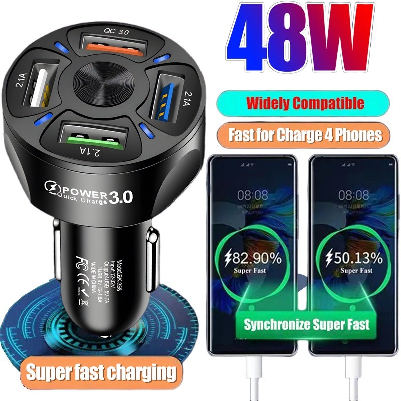 เครื่องชาร์จโทรศัพท์ในรถยนต์ Mini 4 พอร์ต - QC 3.0 48W USB Type C Super Fast Charger - อะแดปเตอร์รถยนต์สากล