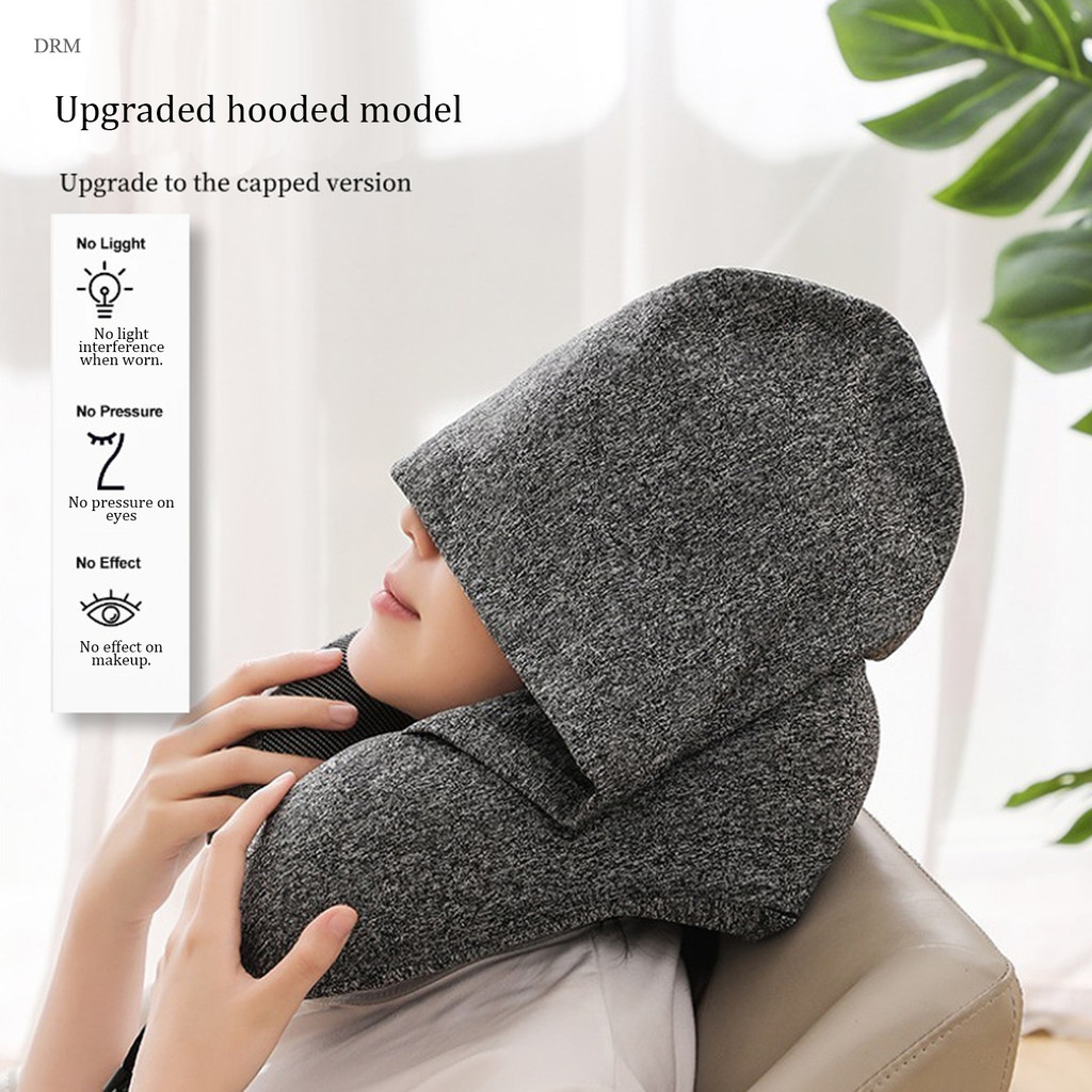 DRM 1PC Hooded U-Shaped Travel หมอนสบายแบบพกพาคอหมอน Sunshade Flight Hooded หมวกสําหรับรถ Office Nap