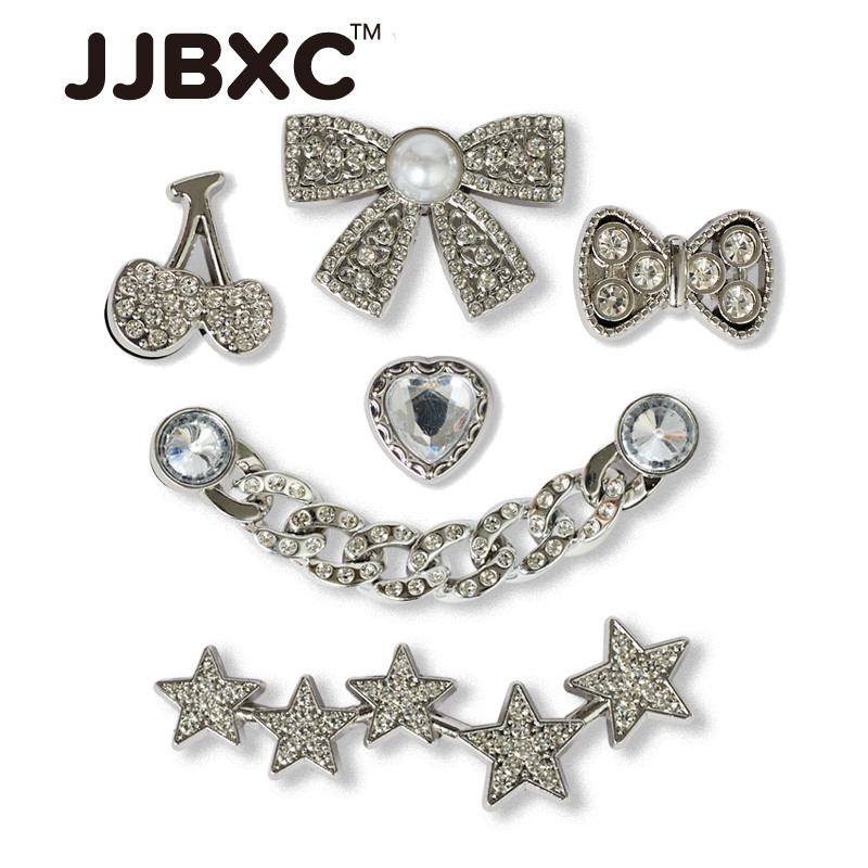 JJBXC CHARM โลหะรองเท้าหัวเข็มขัดอุปกรณ์เสริมรองเท้า Silver Alloy Diamond Bow Cherry Chain DIY อุปกรณ์เสริมรองเท้าแฟshion สำหรับรองเท้า cross