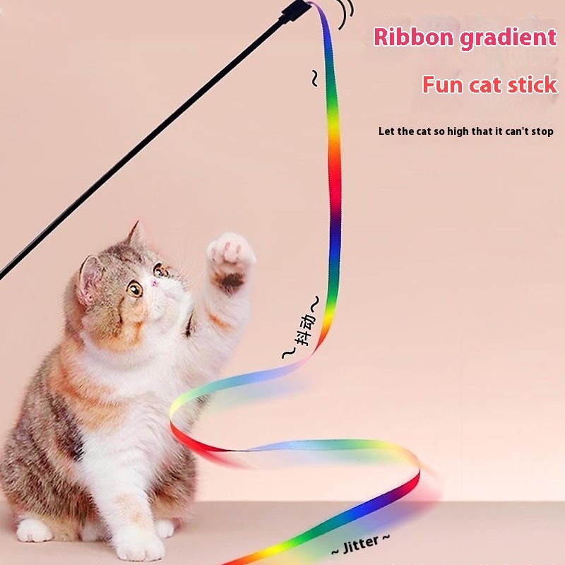 ล้อเล่นแมวติดสองด้านสายรุ้งริบบิ้นกัดทนสายรุ้งริบบิ้นสีดําก้านของเล่นแมวตนเองสวัสดีผ่อนคลายเครื่องมืออุปกรณ์สัตว์เลี้ยงขายส่ง