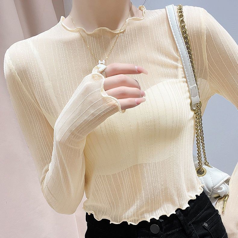 รองเท้าส้นสูงเอวสูงเอวสูงเอวสูงเอวสูงรัดรูปเสื้อฐานตาข่ายเสื้อลูกไม้แขนยาวทรงเข้ารูปของผู้หญิงภายในx