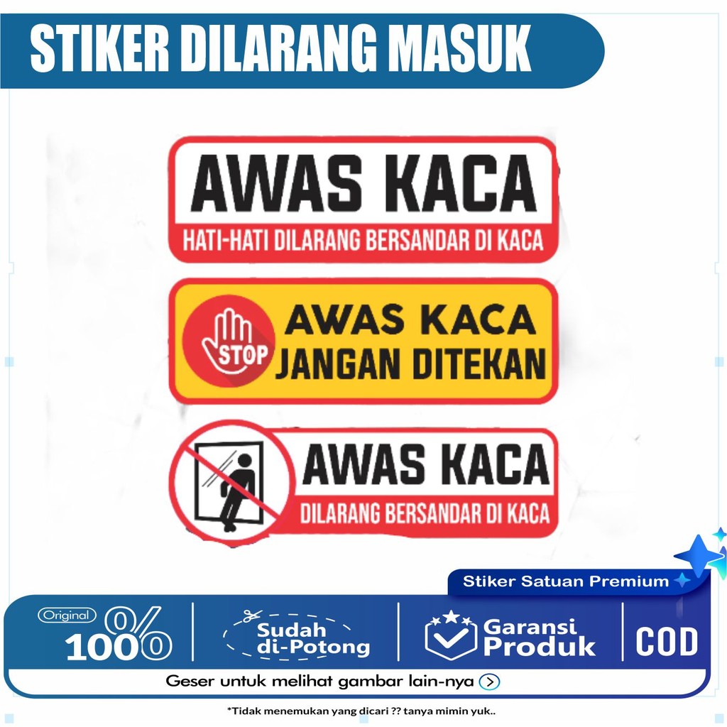 สติ๊กเกอร์ไวนิลกันน้ํา BEWARE OF GLASS PROHIBITED IN GLASS เคลือบมันเงา