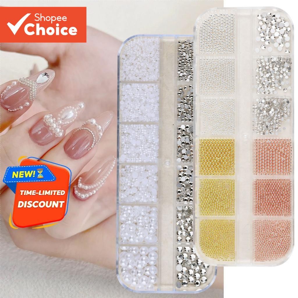 1 กล่อง 3D คละไซส์เล็บ Studs Gold Silver Mini โลหะ Caviar ลูกปัด Pearl Accents แบนกลับแก้ว Rhinestones สําหรับ DIY Decor