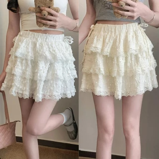 Kaekai พร้อมส่ง กระโปรงสั้น ทรงขนมชั้น ปักลวดลายลูกไม้ สม็อคหลัง ยืดได้เยอะ ขอบแต่งเชือกผูกโบว์ มีซับในกางเกง