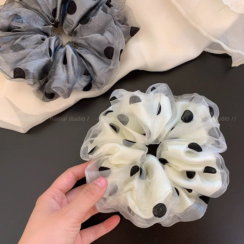 Retro Double-Layer Polka Dot Scrunchy Hair Tie ใหม่ Simple Hair Tie ผมหัว Tie อารมณ์ Elegant