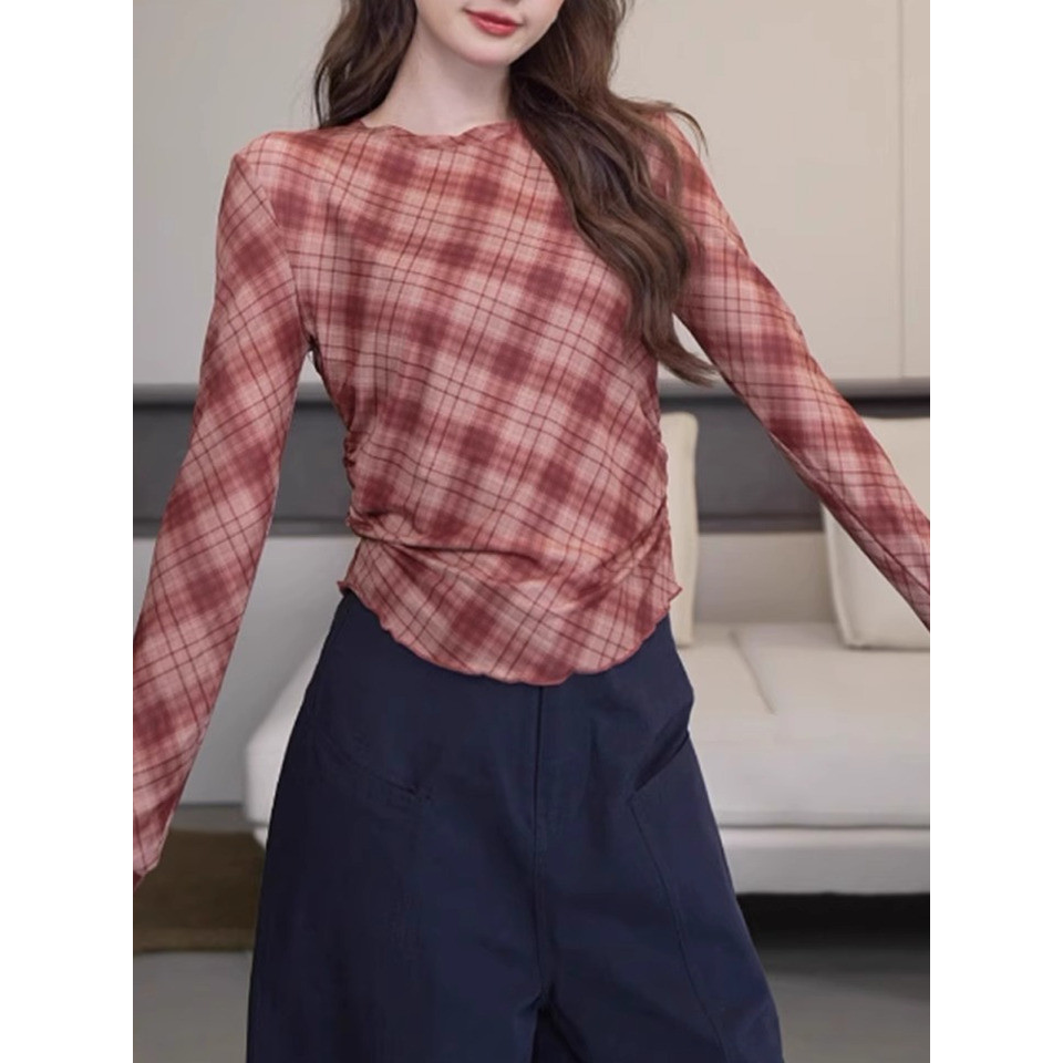 2025 สไตล์ใหม่ สต็อกจัดส่งรวดเร็ว ฤดูร้อนท็อปส์ผู้หญิง ลายสก๊อตแขนสั้น เอวกระชับ เสื้อยืดทรงบางพอดีตัว - รูปที่ 7