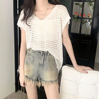 YY106 เสื้อยืดตาข่ายแขนกุด ผ้าไหมพรมยืด ใส่สบาย ฟรีไซส์ สไตล์เกาหลีสุดน่ารัก ระบายอากาศ