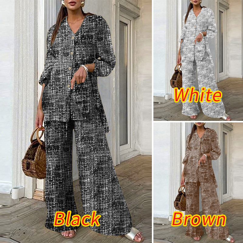 ZANZEA ผู้หญิงวินเทจลําลอง V คอแขนยาวกระเป๋าพิมพ์ปุ่มด้านข้าง Slit กางเกงขายาว 2 ชุด PC - รูปที่ 2