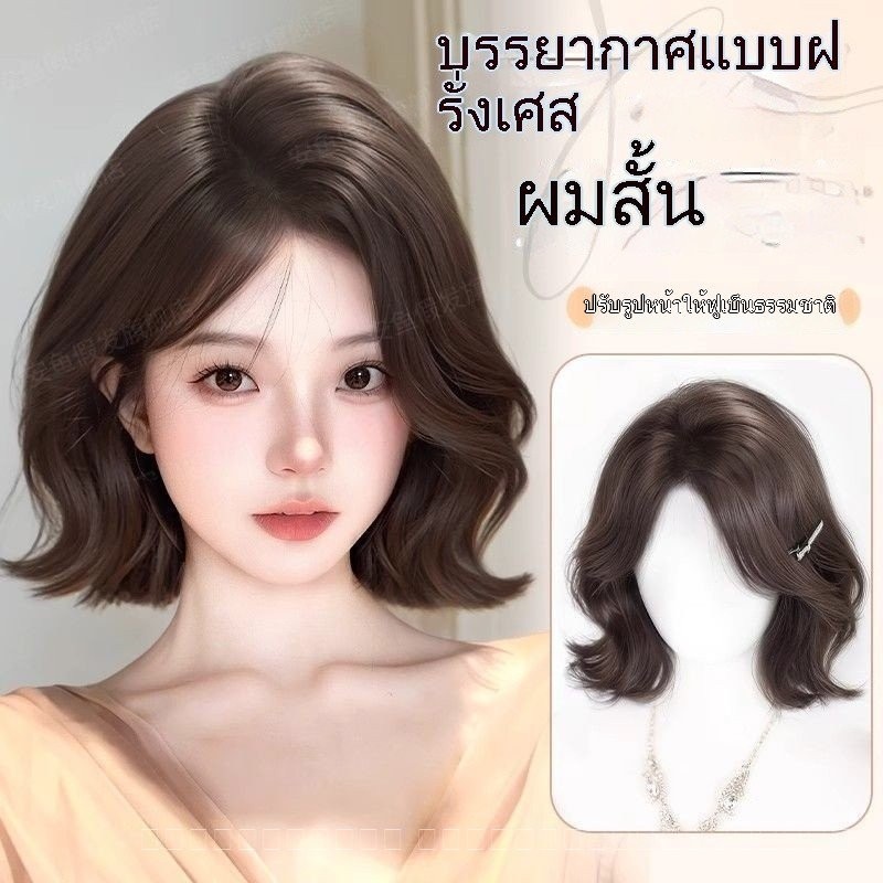วิกผมคลุมเต็มศีรษะสำหรับผู้หญิง ผมสังเคราะห์ธรรมชาติฟู สไตล์ฝรั่งเศส วิกผมสั้นหยิกลดอายุ