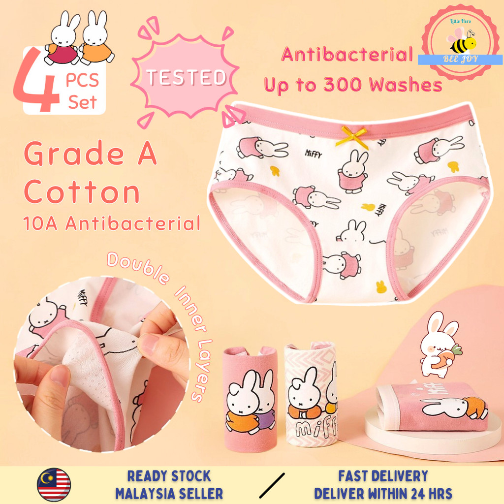 MIFFY 4 ชิ้นเด็กผู้หญิงชุดชั้นในกางเกงนักมวยผ้าฝ้าย 100% ต้านเชื้อแบคทีเรีย Seluar Dalam Budak Perem