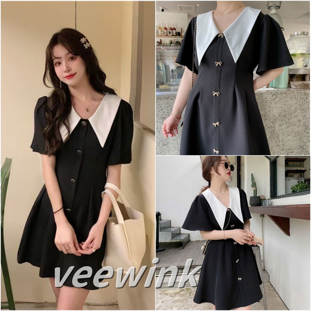 Veewink พร้อมส่งจากกทม เสื้อผ้าโอเวอร์ไซส์สำหรับคนอ้วน ชุดเดรสคนท้องสั้นทรงเอสีดำคอวีสไตล์เรโทรฝรั่งเศส ราคา ถูกที่สุด ดีลบีเคเค
