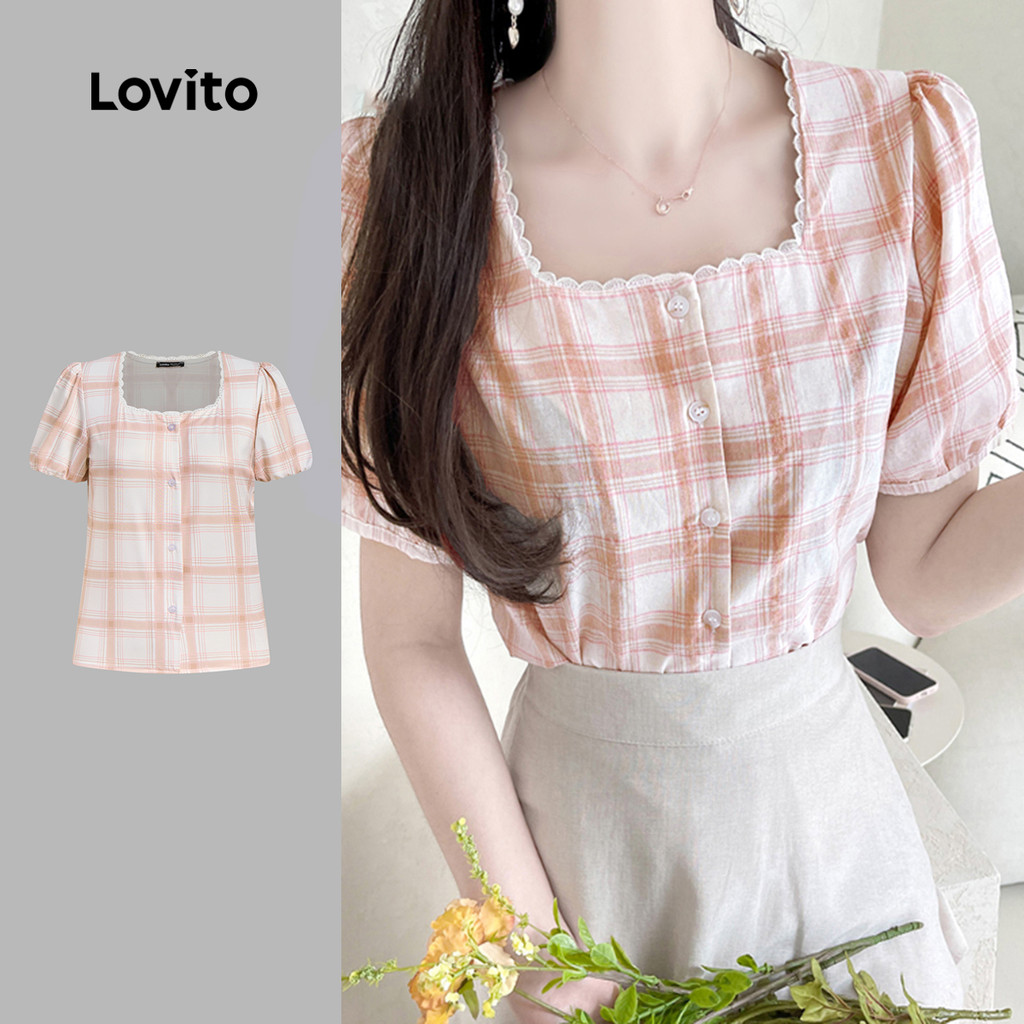 เสื้อเชิ้ตลายสก็อตแขนพองคอเหลี่ยม รุ่น B135-JUN25-B-3-BLB135P2D049