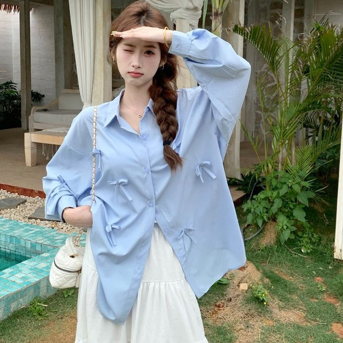 Rommers เสื้อโบว์สไตล์เกาหลีหลวมสบายๆทุกการแข่งขันเสื้อแขนยาว