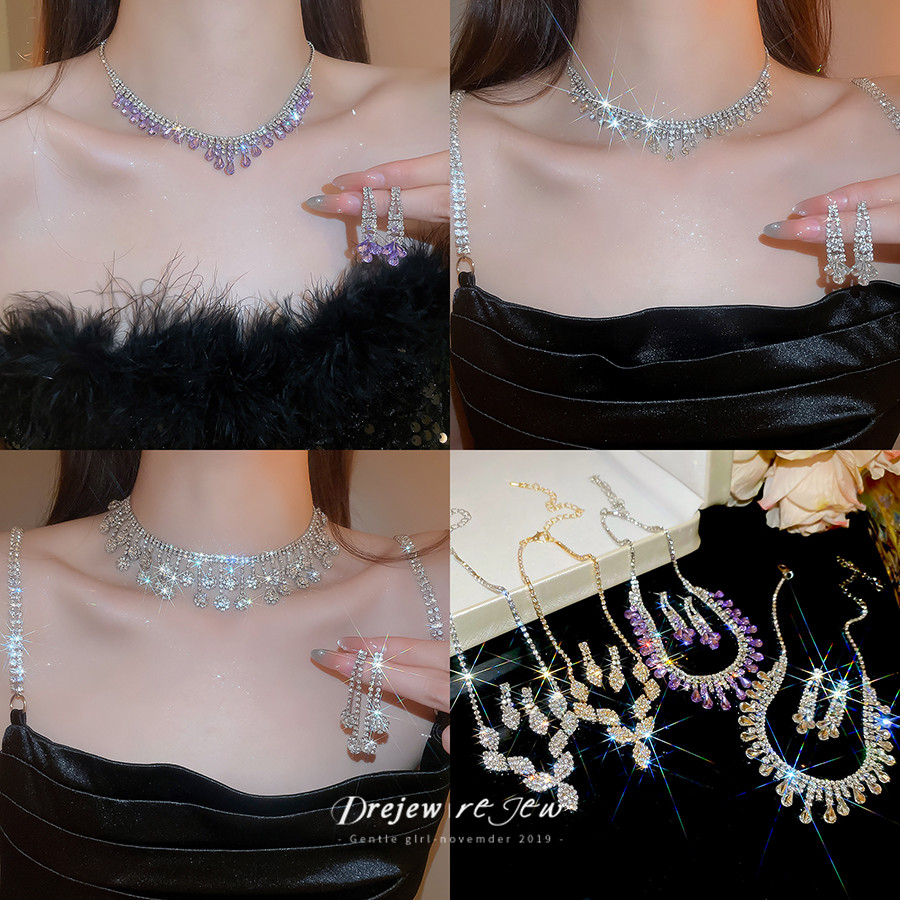 เดรส สร้อยคอและต่างหูพู่หยดน้ำประดับเพชรขุนนางหรูหรา โซ่กระดูกไหปลาร้า สร้อยคอยอดฮิตและเครื่องประดับ
