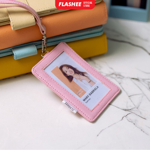 แท็กชื่อ Flashee ที่ใส่บัตร ID สีชมพู เชือกเส้นเล็กหนัง ป้ายชื่อ ที่ใส่บัตร ID