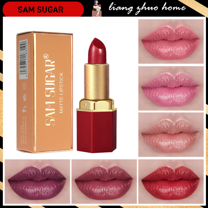 SAM SUGAR 6 สีลิปสติกเมทัลลิค Long Lasting Glitter สีชมพูสีแดง Lip Glaze กันน้ํา Moisturize Luminous Liptint Shimmer Shiny Lipgloss แต่งหน้า