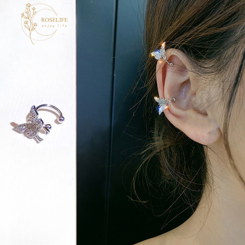 โรสไลฟ์ ส925 เงิน1ชิ้นไม่เจาะคริสตัลผีเสื้อคลิปต่างหูสําหรับผู้หญิงสาวแฟชั่นหูคลิปเครื่องประดับ