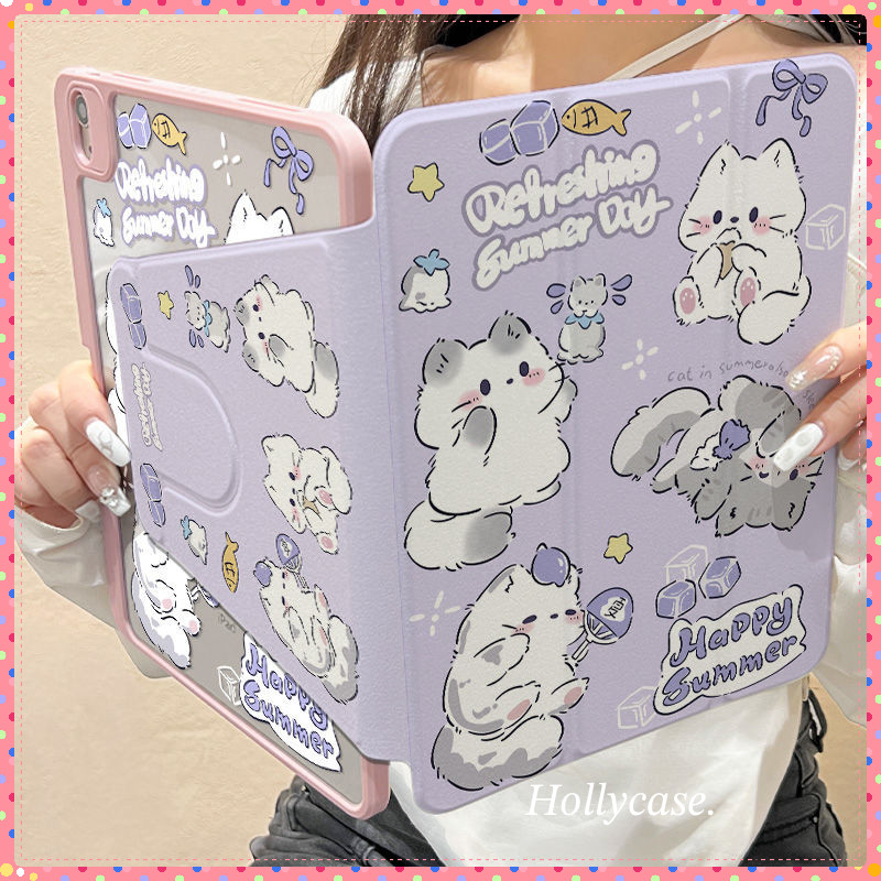 เคสไอแพด Gen11 A16 Air 7 M3 2025 Pro 11 2024 Air 6 5 4 10.9 Gen10 Gen9 Gen8 Gen7 10.2 กรณี น่ารักสีม่วงลูกแมวพร้อมที่ใส่ดินสอ 720° การหมุน