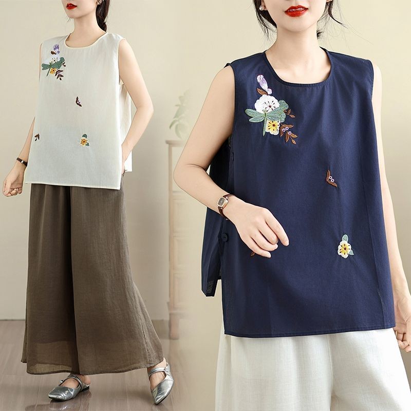 ฤดูร้อนสไตล์ใหม่Retroสไตล์จีนผ้าฝ้ายผ้าลินินปักเสื้อกั๊กผู้หญิงหลวมขนาดใหญ่All-Match Slimmerดูแขนกุดสบายๆเสื้อผ้า