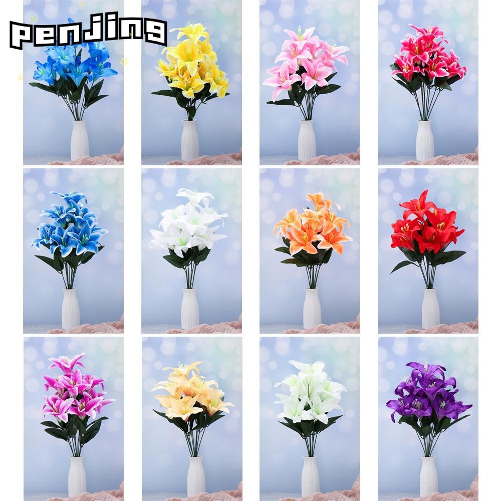 PENJING 10 หัวดอกลิลลี่ปลอมคุณภาพสูงสีสันสดใสช่อดอกไม้ดอกลิลลี่สดใส