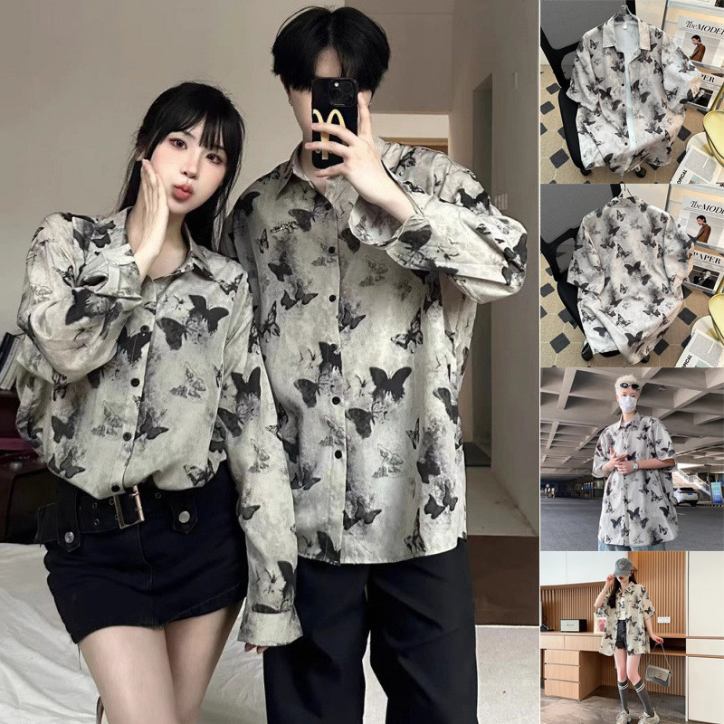 เสื้อเชิ้ตแขนสั้นผีเสื้ออินเทรนด์ – ผ้าลินินระบายอากาศ, ไม่จํากัดเพศ ทรงปล่อยสําหรับฤดูร้อน
