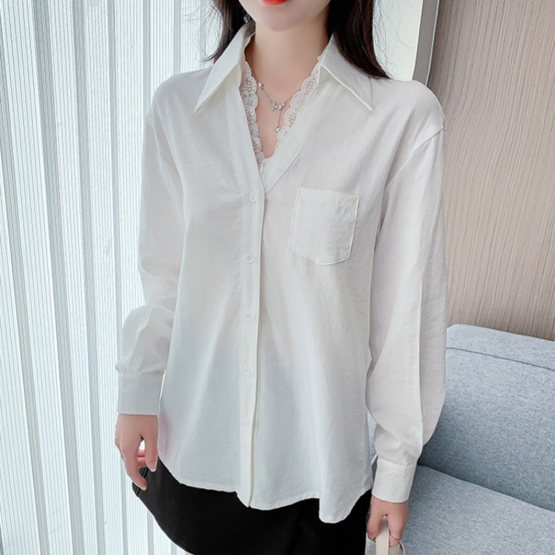Kaekai พร้อมส่ง เสื้อเชิ้ต แขนยาว คอปก สไตล์สาวออฟฟิศ ผ้าคอตตอน คอแต่งลูกไม้ เก๋มาก มีกระเป๋า 1 ข้าง ใช้งานได้จริง