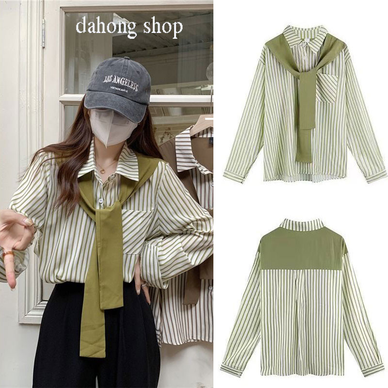 Dahong (พร้อมส่ง)เสื้อเชิ้ตแขนยาวผู้หญิงสไตล์เกาหลี ลายทาง แต่งดีเทลกระเป๋า โทนสีพาสเทลใส่แมทช์ง่าย w334