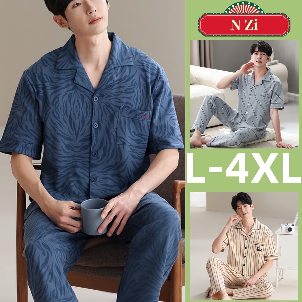 L-4XL ชุดนอนผู้ชายแขนสั้นจากผ้าฝ้ายสำหรับฤดูร้อน พร้อมไซซ์พิเศษ Plus Size และความสะดวกสบายในการสวมใส่ทั้งคืน