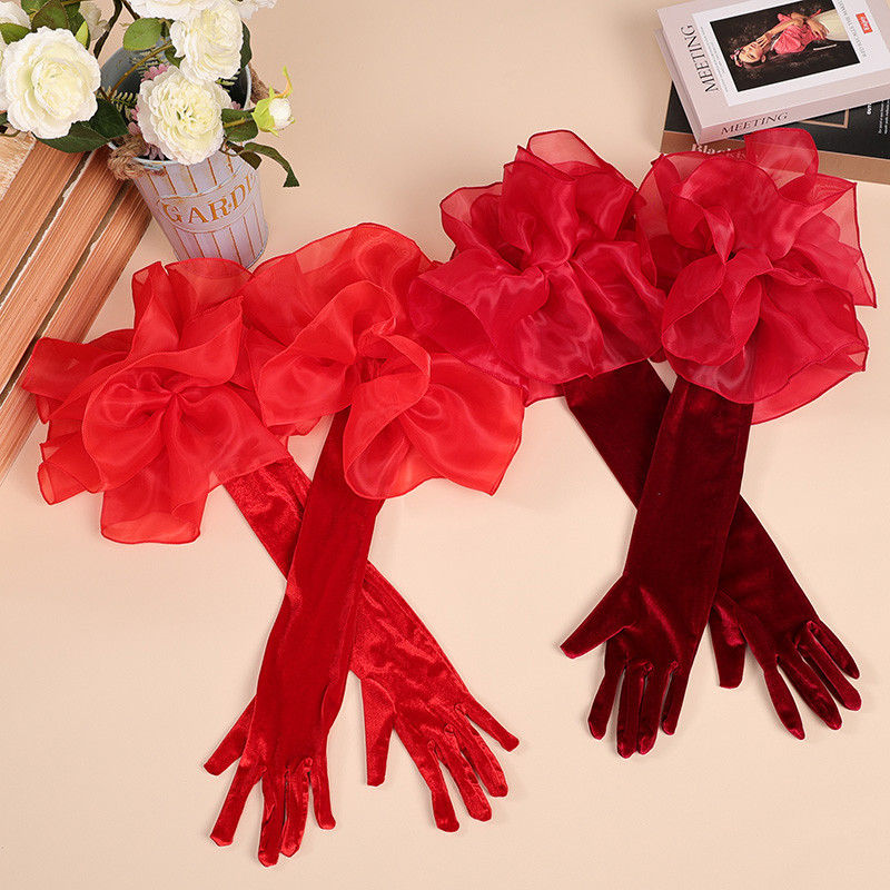 1 คู่ซาตินยาวถุงมือ Organza Ruffle Cuffs Elegant Evening Party ถุงมือสําหรับผู้หญิง 4 สี