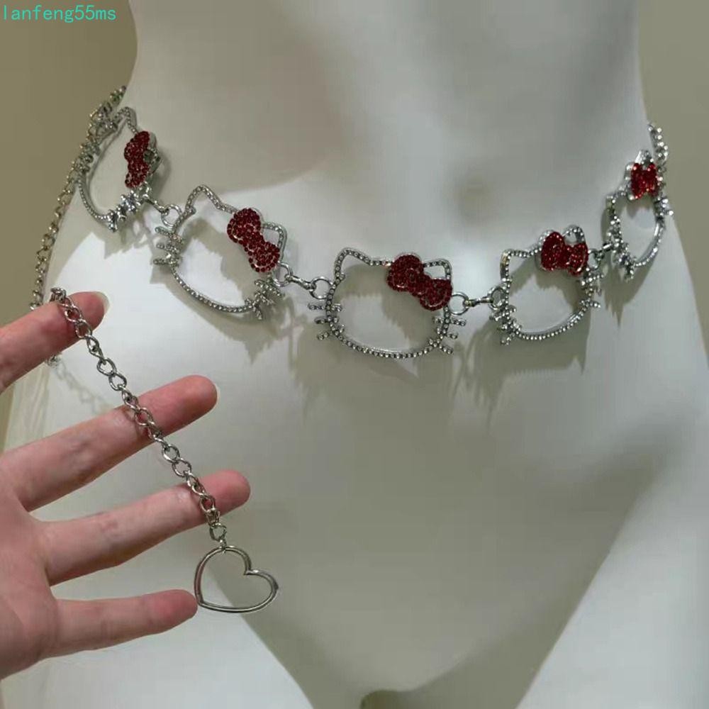 LANFENG โซ่เอวคิตตี้ Kawaii Rhinestone Belly เข็มขัด, บุคลิกลงยนต์ Y2K เข็มขัดผู้หญิง