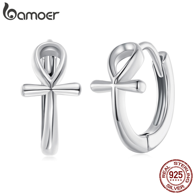 Bamoer ต่างหูห่วงเงินแท้ 925 Ankh Cross Design ของขวัญเครื่องประดับสําหรับผู้หญิง