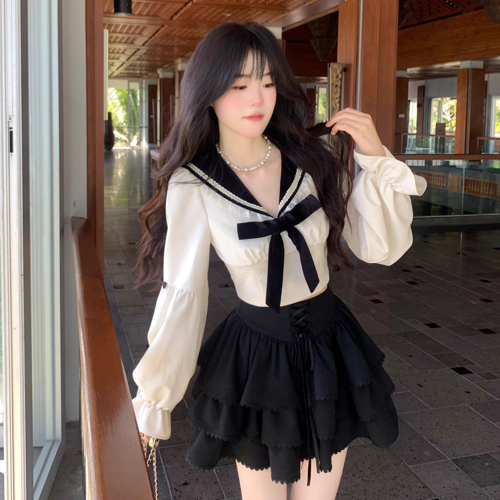 เวอร์ชั่นเกาหลี Preppy スタイルชุด jk ชุด Bow Top เค้ก A-Line กระโปรงสั้นเอวสูง Pettiskirt ชุดสองชิ้น 6.