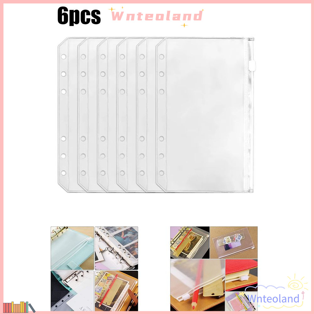 WNTEOLAND 6 ชิ้นซิปกระเป๋า Binder, A6 โปร่งใส 6 หลุม Binder กระเป๋า,กันน้ํา PVC ใบเสร็จรับเงินกระเป๋าซิป
