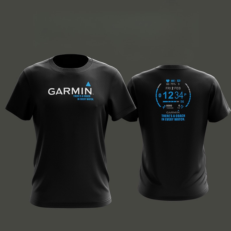 GARMIN FACEWATCH 2025 ชุดกีฬาไฟเบอร์ละเอียดพิเศษสำหรับผู้ชายและผู้หญิง ฤดูร้อนใหม่ แห้งเร็ว ระบายอากาศ สตรีทสวม คอกลมแขนสั้น สีดำ ทรงเข้ารูป สบายๆ