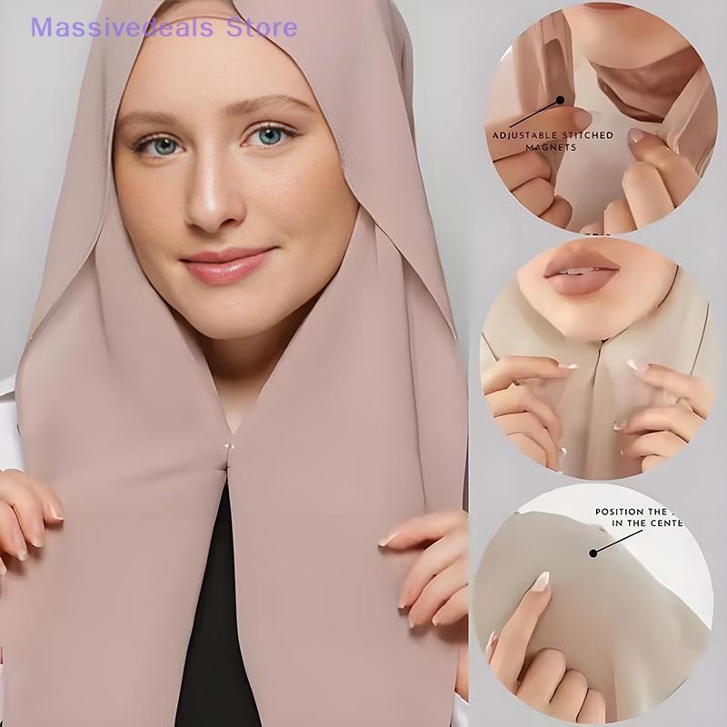 Massivedeals ใหม่ล่าสุดชีฟอง Hijab พร้อมหัวเข็มขัดแม่เหล็กสีทึบผู้หญิงมุสลิมฮิญาบผ้าพันคออิสลาม Turban แฟชั่นผ้าคลุมไหล่ใหม่