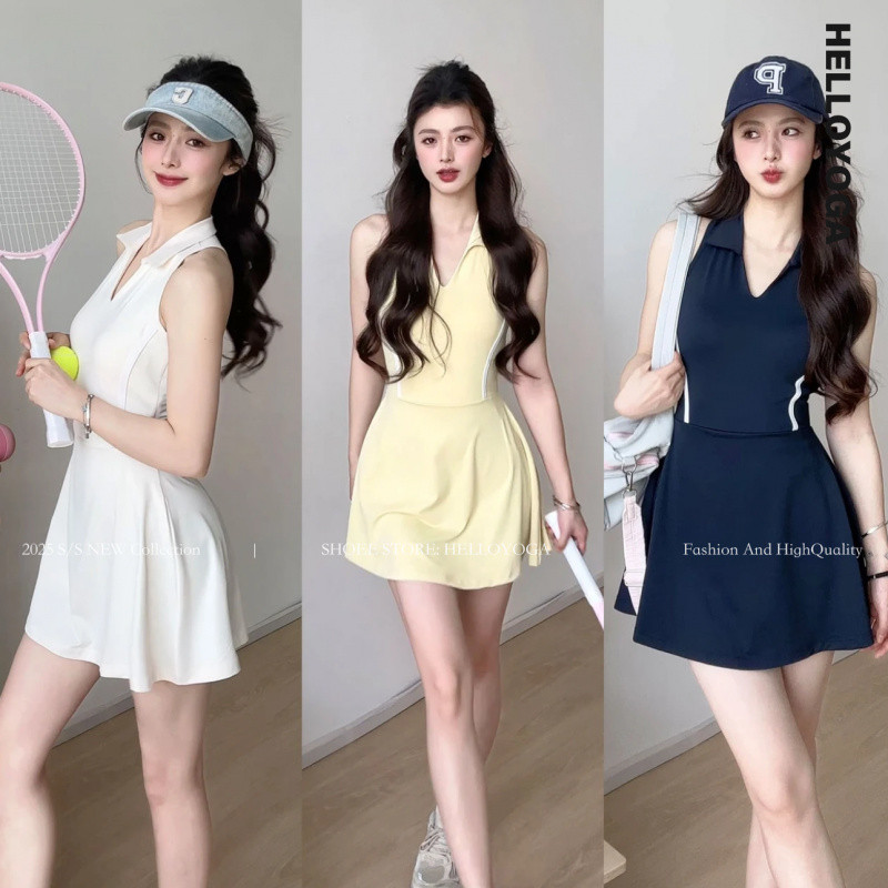 ชุดกีฬาลำลอง HELLOYOGA ระบายอากาศได้ ดีไซน์เปิดหลังสวยงาม กระโปรงเทนนิส ป้องกันการเปิดเผย กระโปรงแบดมินตัน กอล์ฟ