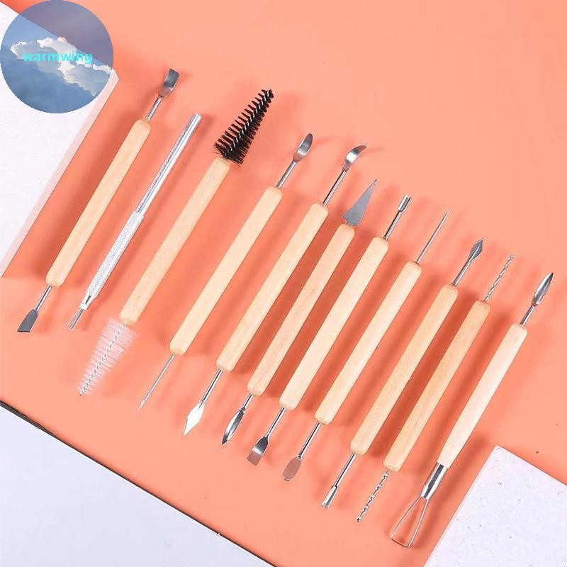 Warmwing 11PCS เครื่องปั้นดินเผา Clay Sculpting Modeling ชุดเครื่องมือ,ชุดเครื่องมือแกะสลักดินโพลิเมอร์เซรามิกสองด้านพร้อมที่จับไม้เรียบ TH