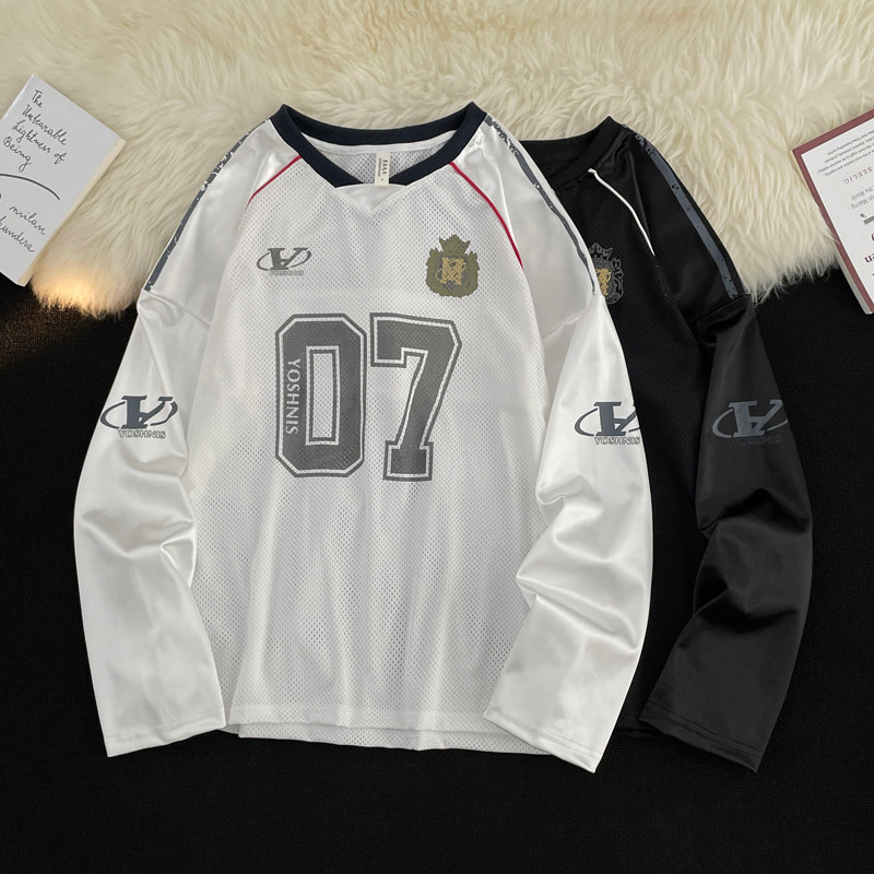 แนวโน้มแห่งชาติสไตล์อเมริกันคอวีย์เสื้อกันหนาวผู้ชายตาข่ายระบายอากาศผู้ชายและผู้หญิงย้อนยุคจดหมายพิมพ์รักบี้กีฬาด้านบน