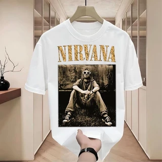 เสื้อยืดผู้ชายเท่ๆ คอกลม-แขนสั้น สกรีนลายวงดนตรีสุดเท่ เสื้อวงสตรีทแฟชั่นวินเทจ nirvana เสื้อยืดผู้ชายอ้วน โอเวอร์ไซส์